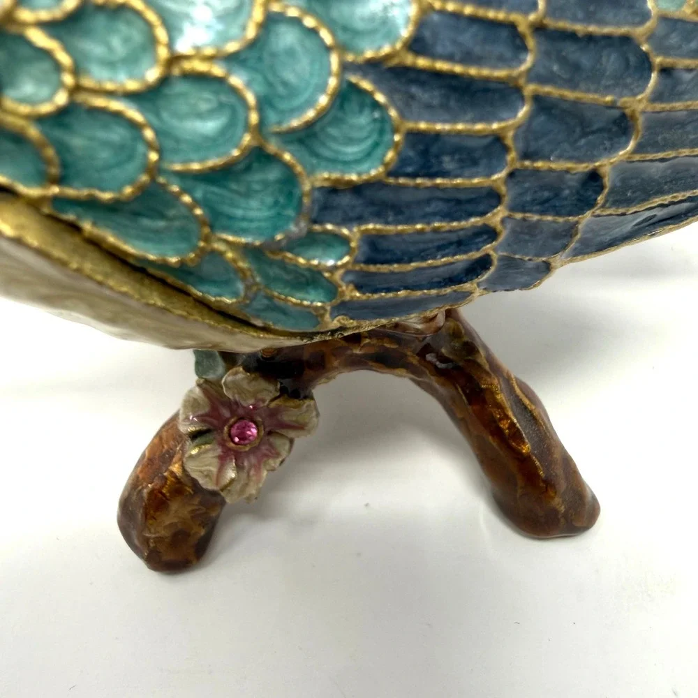Vintage Enameled Hummingbird Trinket Box Jeweled Crystal Bird Figurine Teal Gold